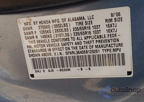 2006 Honda Odyssey Ex from USA, damaged, VIN 5FNRL38406B129261